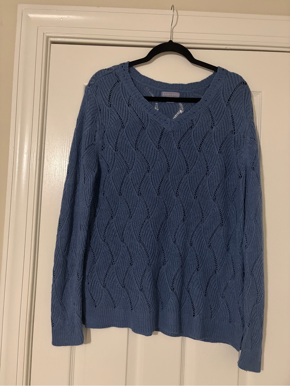 Vintage Laura Scott Blue V-Neck Openwork Knit Sweater - Women